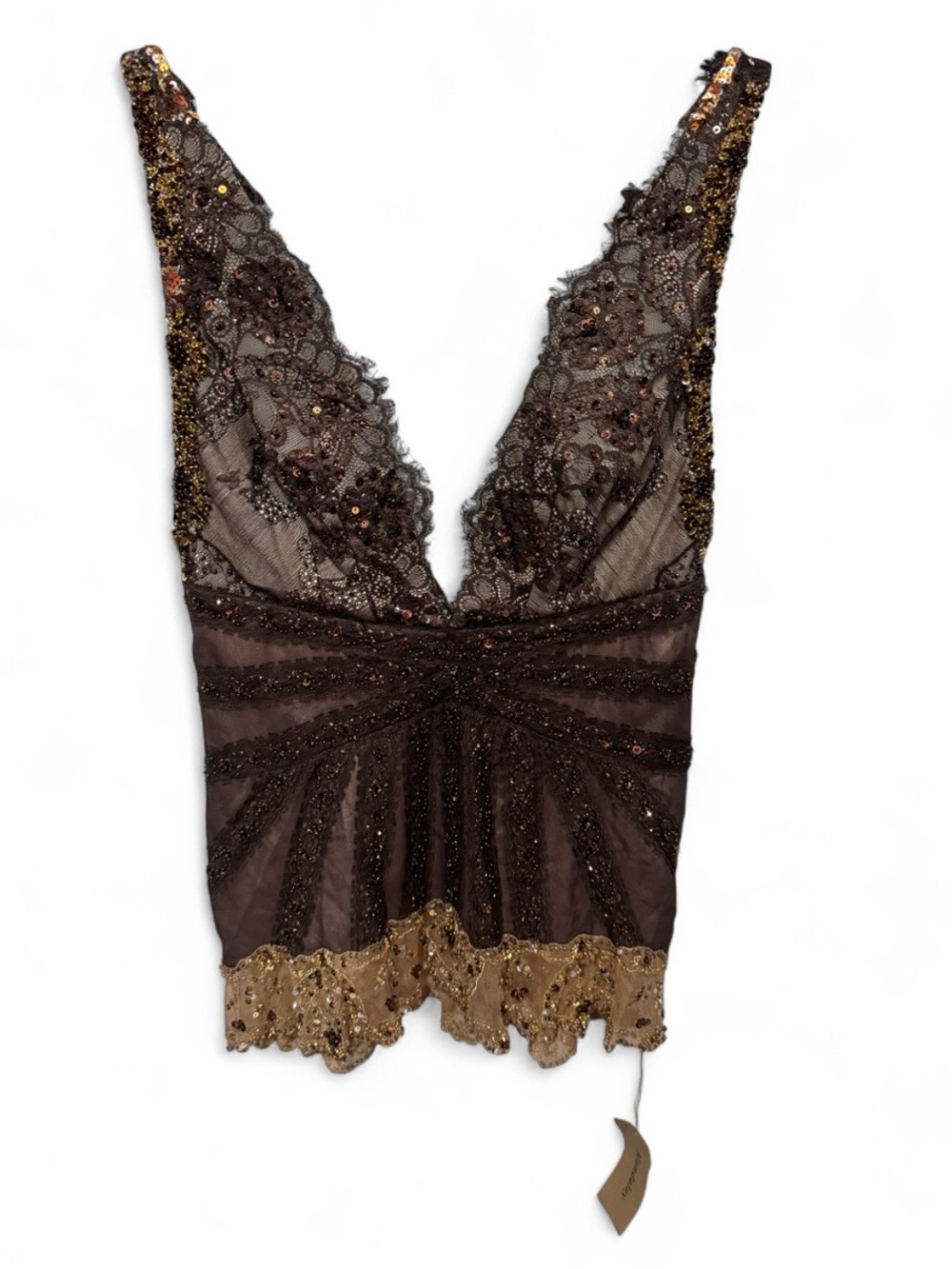 Embellished Lace V-Neck Camisole in Brown by